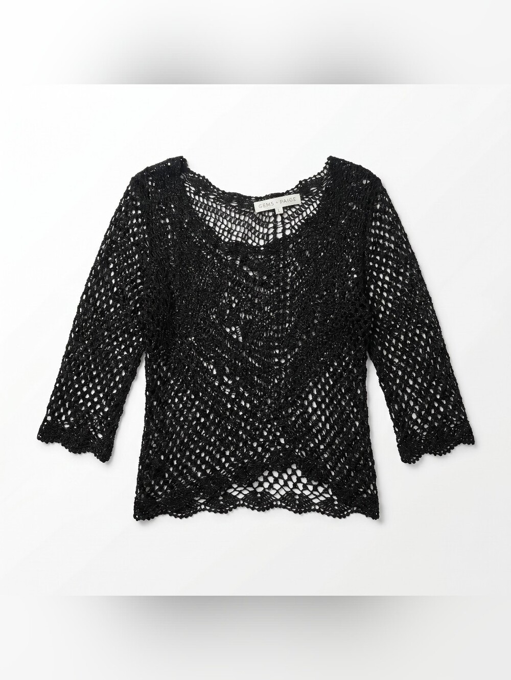 Bette Paige Black Open Knit Crochet Top Size L 3/4 Sleeve Scoop Neck